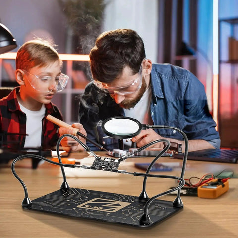 Helping Hands Soldering Station With Magnetic Third Hand Tool And 5X Magnifying Glass, two people soldering on 13x9 base