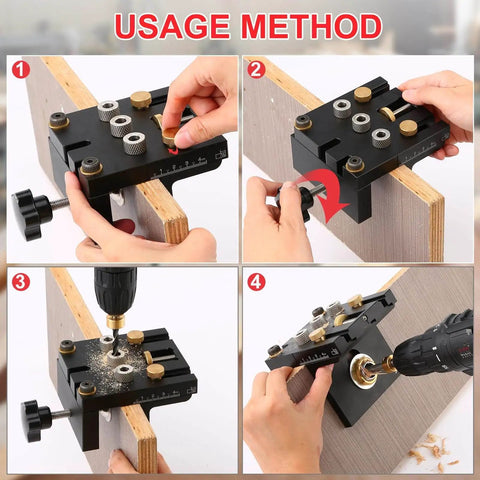 Usage method showing 3 In 1 Dowel Jig Kit Self Centering Doweling Jig for straight dowel holes, wood panels, drill in use