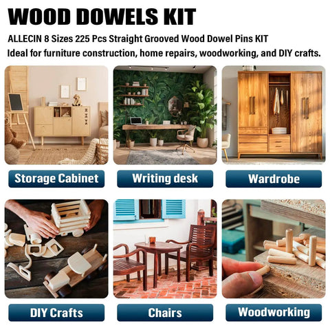 8 Value Wood Dowels Kit With Fluted Dowel Pins In 1 Quarter Inch, 3 Eighth Inch, 5 Sixteenth Inch Sizes, 225 Pcs, DIY Crafts Display