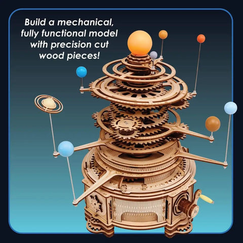 DIY Solar System Wood Puzzle Kit For Teens And Adults, 14 Inch Tall 3D Solar System Model with LED Sun and Orbits