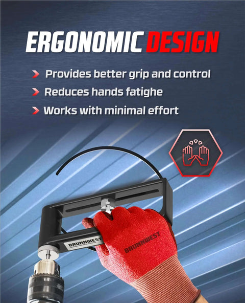 Adjustable Sheet Metal Circle Cutter For Two To Twelve Inch Holes In 24 Gauge Steel 26 Gauge Stainless And 20 Gauge Galvanized Metal With Four Extra HSS Bits Pro Grade Ductwork And HVAC Hole Cutter That Fits Any Standard Drill featuring ergonomic handle and red gloves