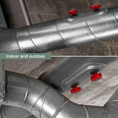 Vent Systems 4-inch round duct access door on galvanized steel duct with EPDM gasket and red knob fasteners