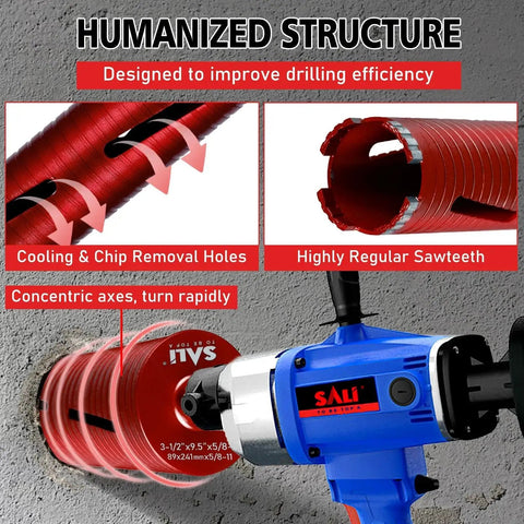 Diamond Core Drill Bits by SALI 2 1/2 Inch Diameter for Cured Concrete with laser welded segments and cooling holes.