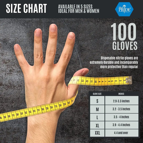 Hand with measuring tape and size chart for Industrial Nitrile Gloves 8 Mil Heavy Duty Diamond Texture Orange Size Large.