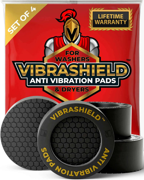 Anti Vibration Pads for Washing Machine and Dryer with HexaGrip Set of 4 in black hexagon design, pack display with warranty info.