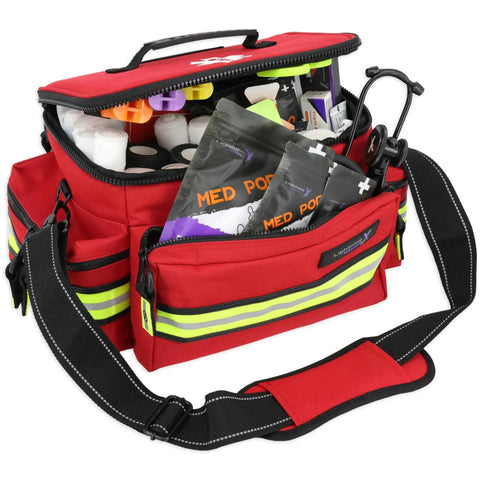 Mid Sized First Responder EMT Bag Fully Stocked With Over 240 First Aid EMS And Trauma Supplies Red Lightning X LXMB25 open view