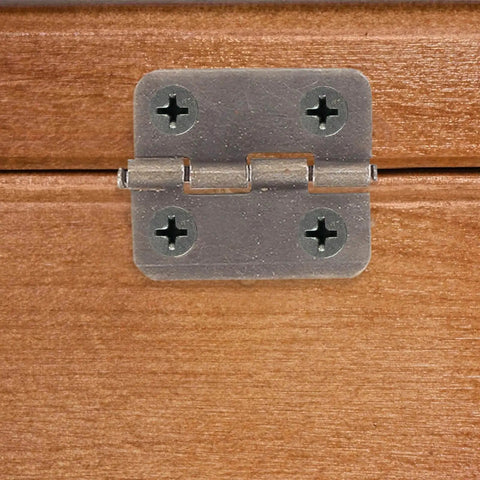 Installed antique copper mini hinge on wooden box for small chests. Includes 200 screws, part of the Hemobllo 50-piece set.