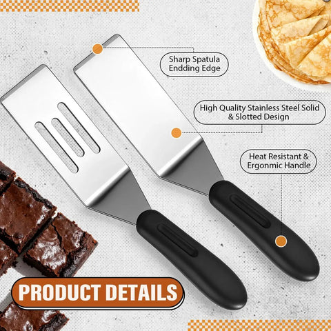 10 Piece Mini Stainless Steel Spatula Set With Five Solid And Five Slotted Spatulas shown with brownies and pancakes.