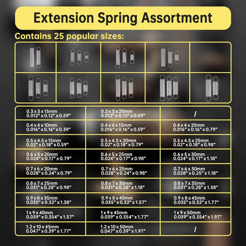 Beesini extension spring assortment kit: stainless steel springs, 25 sizes, 100 pcs, 25 bags