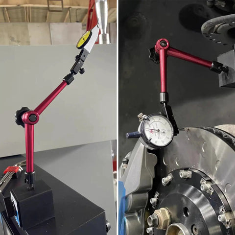 Front view of Heavy Duty Magnetic Base Test Indicator Holder With Digital Level And Adjustable Metal Tool Stand, on a machine.