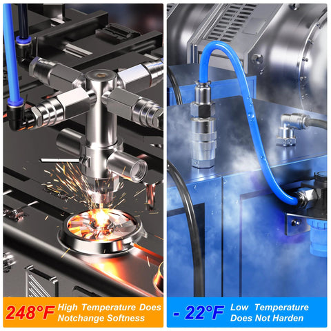 TAILONZ pneumatic air line tubing and fittings on industrial equipment; blue nylon hose and metal fittings