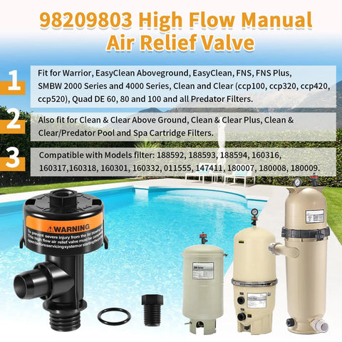 High flow manual air relief valve for pool filter; black plastic valve with threaded fittings and O-ring, with pool equipment in background