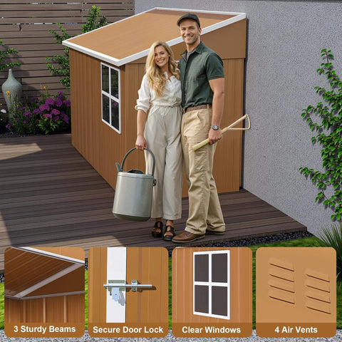 Heavy Duty Metal Tool Shed With Windows Lockable Door And Ventilation Weatherproof Outdoor Storage For Backyard And Lawn Gear 8 By 4 Feet Durable Brown Finish Built To Last For Tool Organization And Patio Equipment installed on wooden deck