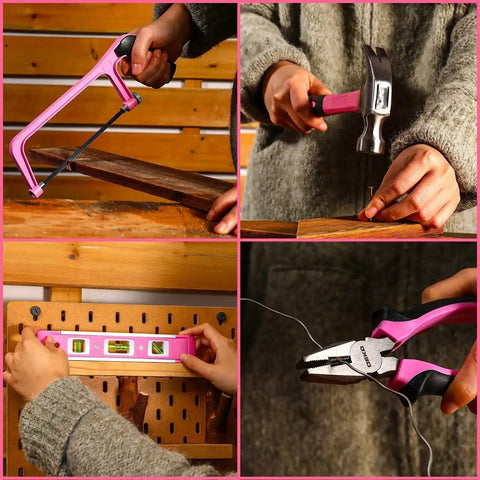 Pink Tool Kit Box Drill Set For Home DIY Enthusiasts, 12V Cordless Drill With Hand Tools in use for DIY projects