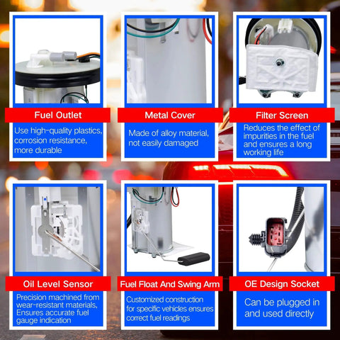 Details of Direct Fit Electric Fuel Pump Assembly with Sending Unit for 1999-2004 Jeep Grand Cherokee, showing components and design features.