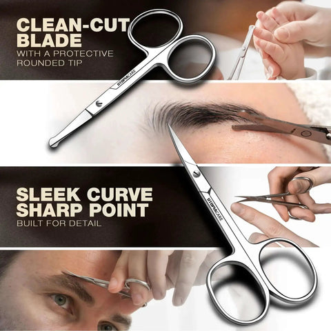 Two Piece Nose And Eyebrow Scissors Set For Men And Women Stainless Steel Small Grooming Scissors With Curved And Rounded Heads Easy Trim For Nose Hair Ear Hair Eyebrows Beard Mustache Lashes Eyelashes Pro Grade Quality displayed with close-up views of trimming uses