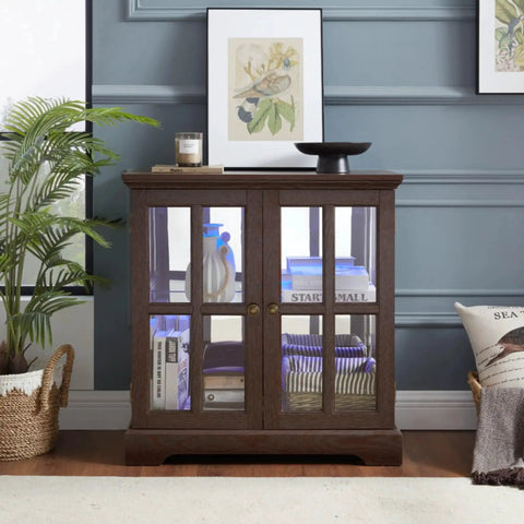 32 Inch Glass Liquor Cabinet With Seven Color LED Lights Smartphone Control Mirrored Display Panel Adjustable Shelves Dark Cherry Finish