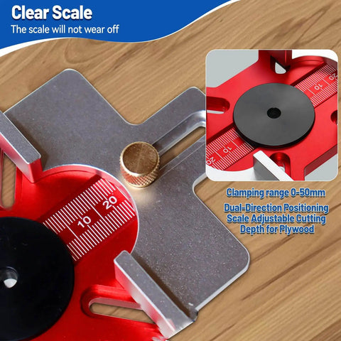 Close-up of 2-In-1 Aluminum Slotting Locator for woodworking with a clear scale and adjustable depth for precise routing