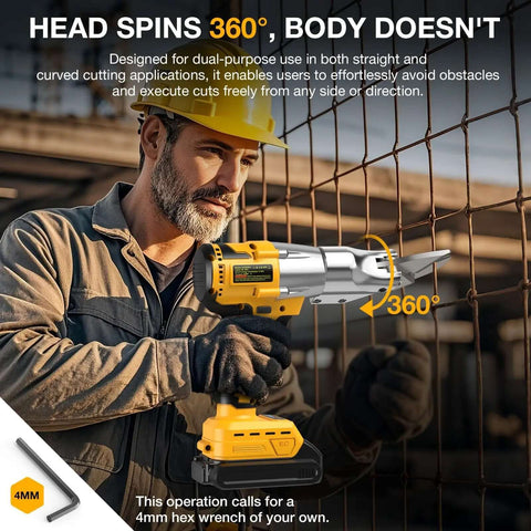 Man using Cordless Metal Shears 20V Max Bare Tool Pro Grade for 14 Gauge Cutting with 360 Degree Pivoting Head on construction site
