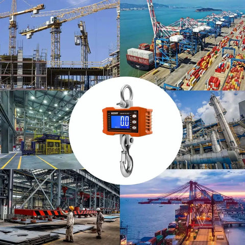 Digital Crane Scale Heavy Duty 2200lb 1000kg Hanging Scale For Farm Livestock Factory Construction And Hunting CE Certified Aluminum Alloy Built Tough With High Precision Sensors surrounded by various industrial settings.