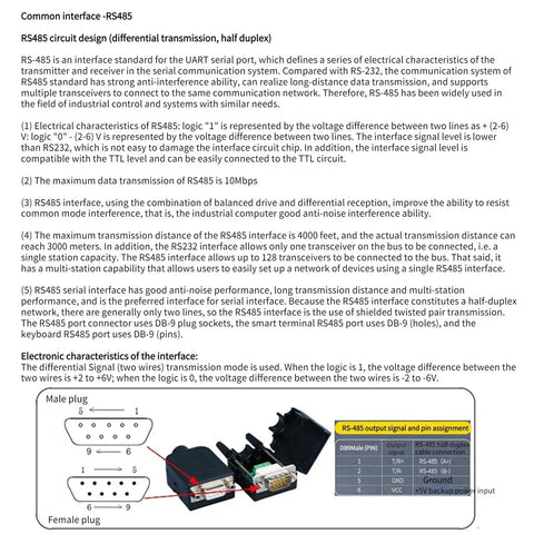 RS485 interface circuit design diagram with plug pin assignment details