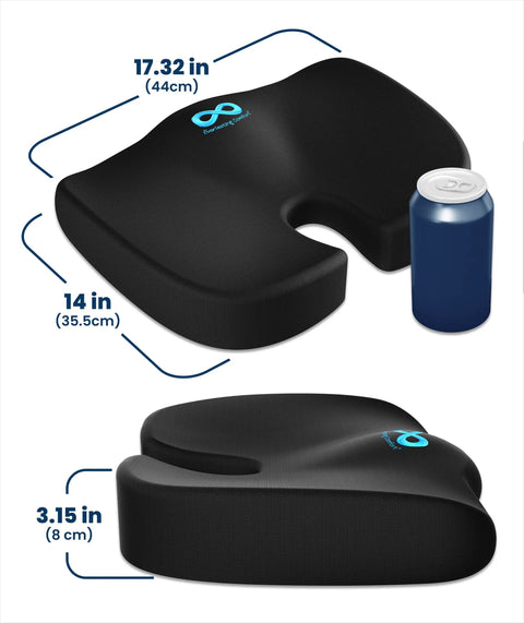 Doctor Recommended Memory Foam Seat Cushion For Office Chairs And Cars, Ergonomic Tailbone Pain Relief, Sciatica Support, Large Black Cushion For Long Hours At Work Or Travel, top view showing dimensions with a soda can for scale.