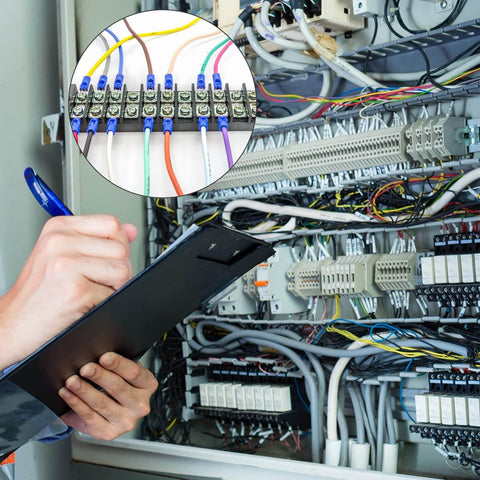 Person checking control panel wiring with Dual Row Terminal Block Kit, 2 Pack, 4 Circuits, 20-30A, 200V-450V installed.