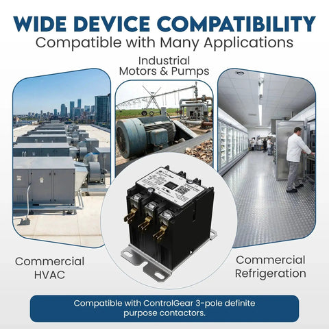 Three Pole Definite Purpose Contactor With 120V Coil for industrial and commercial applications, shown next to HVAC and refrigeration units.