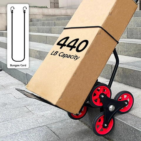Stair Climber Hand Truck Dolly with Telescoping Handle Heavy Duty 440 Lb Capacity shown with box on stairs and bungee cord inset