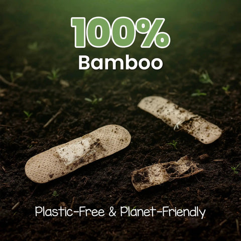 Eco First Aid Kit With Hypoallergenic Bamboo Bandages For Sensitive Skin showing biodegradable bandages on soil.