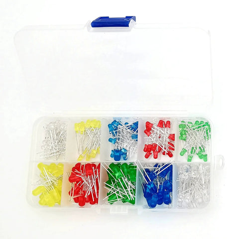 LED component storage box with 12 compartments holding assorted 3mm/5mm LEDs in yellow, blue, red and green.