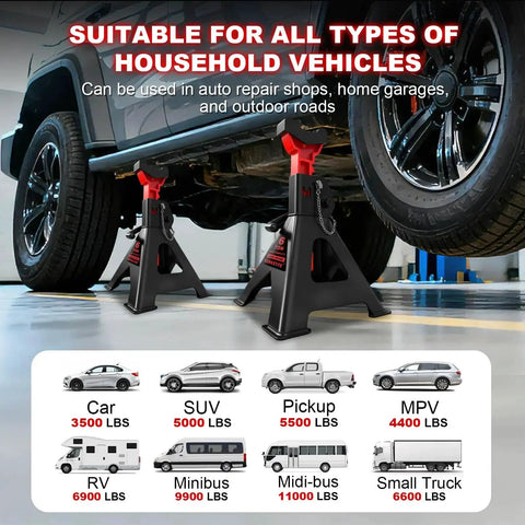 6 Ton Jack Stands With Pin Locking And Rubber Cover Large Base 15 To 23 In supporting a vehicle in garage
