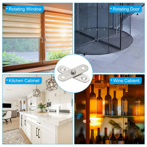 360 Degree Hidden Door Pivot Hinges Set for Secret Doors and Bookcases, 2 Pack XS Size, shown in various installation settings like windows and cabinets.