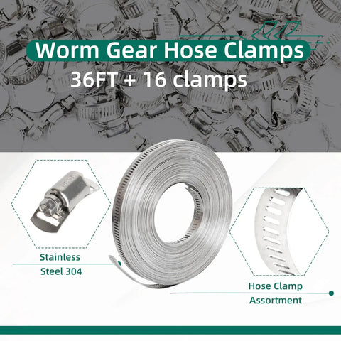 36 Ft Hose Clamp Kit With 304 Stainless Steel Large Band Clamps And 16 Heavy Duty Fasteners for automotive, marine, and household use
