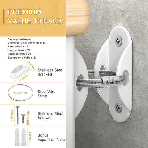 Keep Kids And Pets Safe With This 10 Pack Of Furniture Anchors Heavy Duty Anti Tip Straps That Secure Heavy Furniture Up To 400 Lbs White Metal Earthquake Straps For Baby Proofing And Home Safety, shown in close-up with wall bracket and screws.