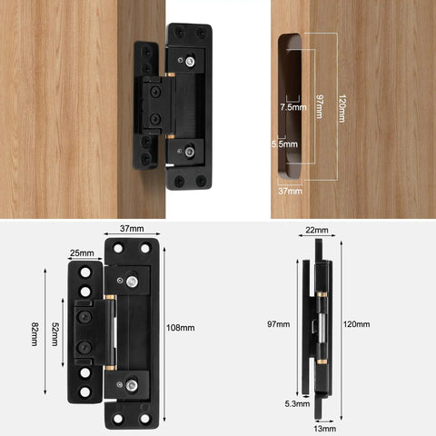 Ultra Thin Hidden Door Hinges With Adjustable Butt And Silent Operation, Heavy Duty Concealed Zinc Alloy Hinges For Secret Doors, 110 Degree Opening, No Hole Digging Needed, Low-Profile Install For Thin Doors, YCHE-02, shown with dimensions and close-up of installation on wooden door.
