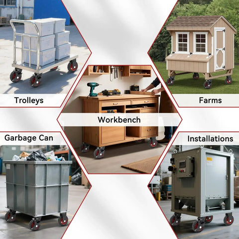 Collage of uses for 5 Inch Heavy Duty Rubber Casters Set Of 4 With 2 Brakes And 2 Rigid Wheels, showing trolleys, farms, and workbenches.