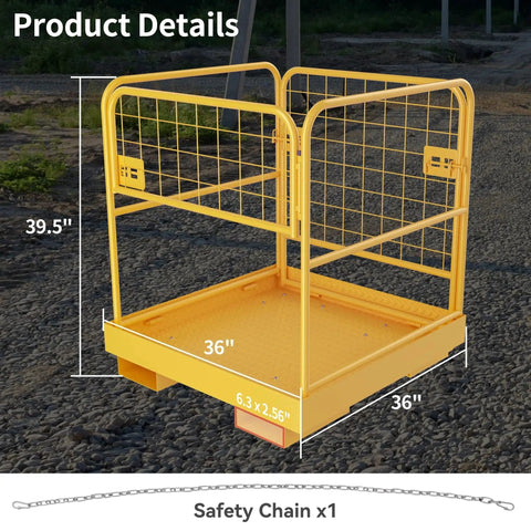 Forklift Cage Work Platform 36x36 Inches Heavy Duty Steel Lift Basket 1150 Lbs with safety chain, side view