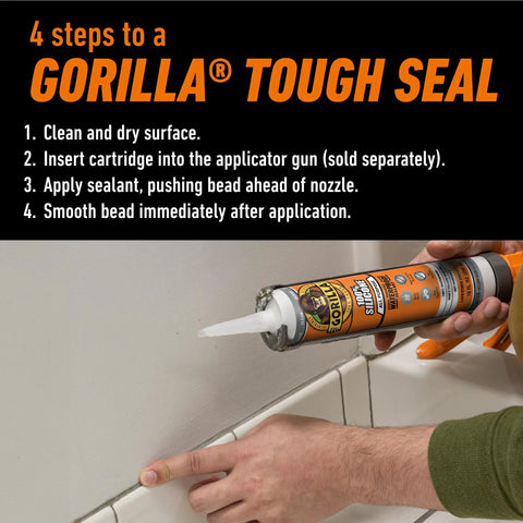 Gorilla silicone sealant cartridge, 10 oz, clear, being applied with caulk gun along a tile seam.