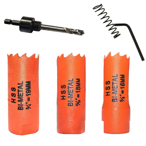 Five Eighths To Three Quarters Inch HSS Bi Metal Hole Saw kit with three saws, hex shank adapter, pilot bits, and wrench.