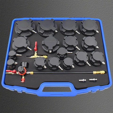 Turbo System Leakage Tester Kit with 19-piece set, 8 stepped adapters from 1 1/4 to 4 1/4 inch, air pressure gauge in a blue case