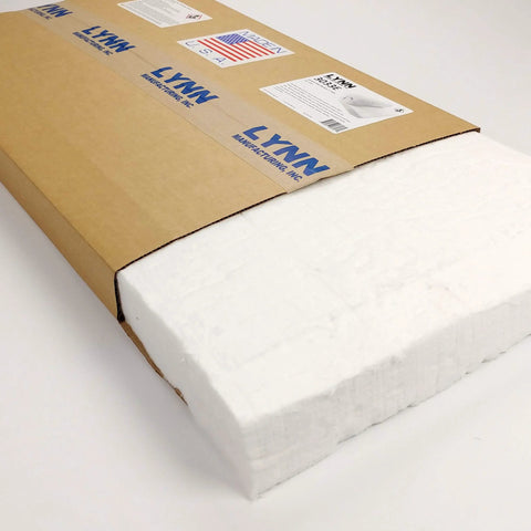 Ceramic fiber insulation block, 2 in thick x 15 in x 24 in, white, on LYNN Manufacturing Inc. box.