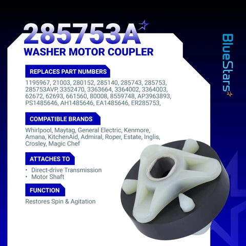 Front view of BlueStars 285753A washer motor coupling kit packaging; white star-shaped plastic coupling on a black base