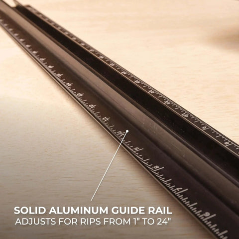 Rip Cut Circular Saw Guide For Precise Edge Guided Cuts On Regular Side Blade Saws Corded Or Cordless Converts Your Saw Into A Pro Level Guided Cutting Tool With A Secure Clamp Sled Universal Fit For Woodworking By Kreg KMA2400 featuring a solid aluminum guide rail with inch markings.