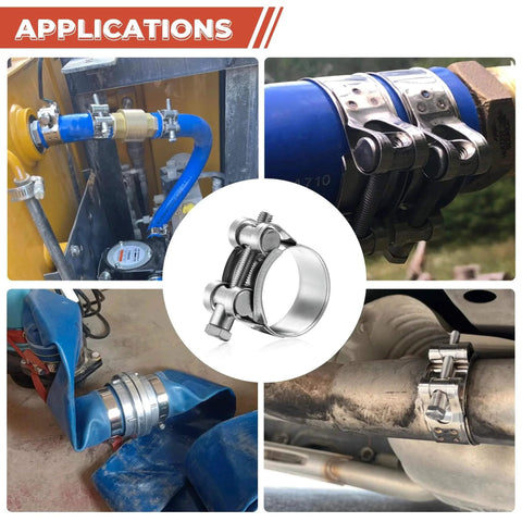 T Bolt Hose Clamp 17 To 19mm OD 304 Stainless Steel Pipe Strap Clamp Adjustable Heavy Duty Tube Clamp 4 Pack Fits 0.67 To 0.75 Inch Hose For Automotive Marine Industrial Applications shown in use on various pipes
