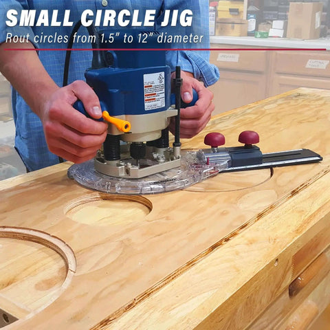 Circle Guide Router Kit For Precise Circle Cutting From 1.5 Inches To 52 Inches With Offset Base Includes Small And Large Jigs Imperial And Metric Scales Easy Readout Window Milescraft 1219 in use cutting wooden circles.