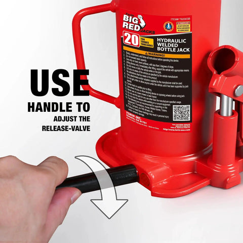 Side view of a 20 Ton Hydraulic Bottle Jack For Auto Repair And Home Lift With Welded Saddle showing adjustment handle