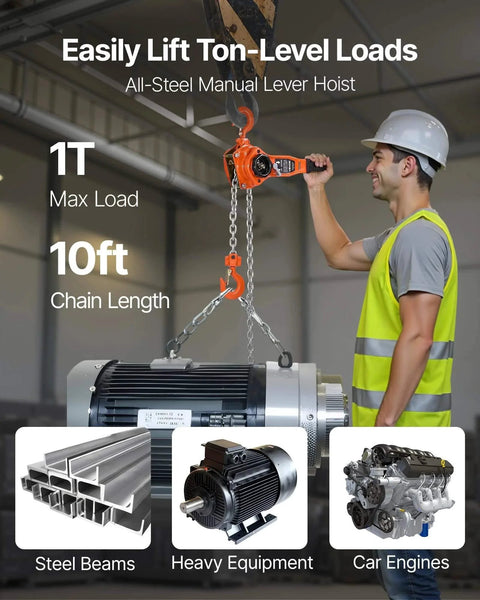 Worker using 1 Ton Lever Chain Hoist With 10 Ft Lift G80 Chain Dual Pawl Mechanical Brake to lift heavy equipment in warehouse