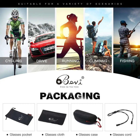 Cycling, driving, running, climbing, and fishing activities with packaging for Dope Polarized Sports Sunglasses TR90 Unbreakable Frame