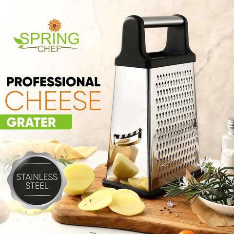 Extra Large Four Sided Stainless Steel Box Grater For Parmesan, Vegetables And Ginger, Dishwasher Safe, on wooden board